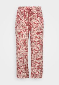 Pantaloni cu imprimeu roșu și crem, cu talie elastică și șnur ajustabil. Materialul prezintă un motiv floral și are o croială lejeră.