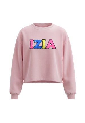 Felpa rosa a maniche lunghe con polsini e orlo a coste, con grandi lettere colorate "IZIA" sul petto.
