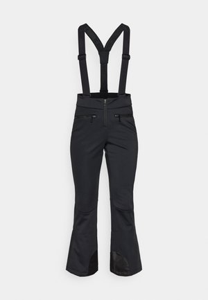 Black snow pants with adjustable shoulder straps, zippered pockets, flared legs, and reinforced lower sections for durability.