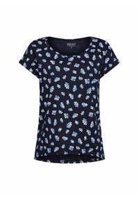 Granatowa koszulka z krótkim rękawem z kwiecistym wzorem w jasnoniebieskim kolorze, wykonana z miękkiego materiału, z okrągłym dekoltem i luźnym krojem.