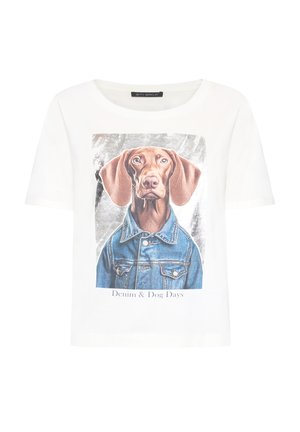 Biała koszulka z krótkim rękawem z nadrukiem z przodu przedstawiającym psa w dżinsowej kurtce, pod spodem napis "Denim & Dog Days". Miękki materiał bawełniany.