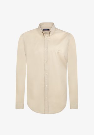 Lichtbeige langwerpig shirt met een button-down kraag, voorzien van een subtiele geborduurde logo op de borst en een klassieke knoopsluiting aan de voorkant.