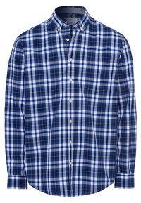 Modrá a bílá kostkovaná košile na knoflíky, s klasickým límcem, dlouhými rukávy, přední kapsou a texturovanou tkaninou s kostkovaným vzorem.