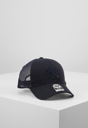 Navy baseball cap with mesh sides, embroidered NY logo, curved brim, and adjustable strap. Material: cotton and polyester blend.