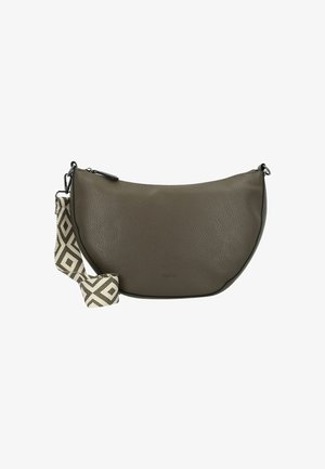 Borsa a tracolla in pelle verde oliva con forma curva, caratterizzata da una tracolla in tessuto a motivi in beige e design geometrico nero, con chiusura a zip superiore.