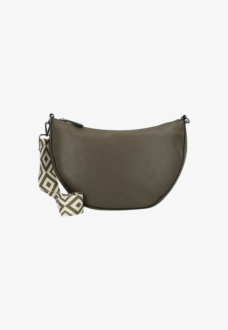 Borsa a tracolla in pelle verde oliva con forma curva, caratterizzata da una tracolla in tessuto a motivi in beige e design geometrico nero, con chiusura a zip superiore.