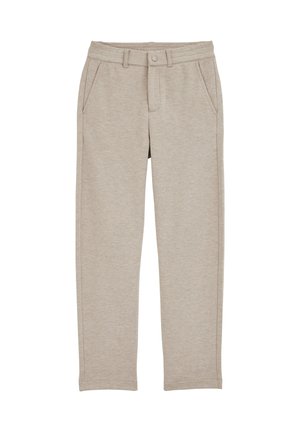 Béžové pletené nohavice s jemnou textúrou, rovnými nohavicami, prednými vreckami a zapínaním na gombík v páse.