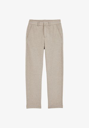 Bež pletene hlače s mekanom teksturom, ravnim krojem nogavica, prednjim džepovima i gumbom na struku.