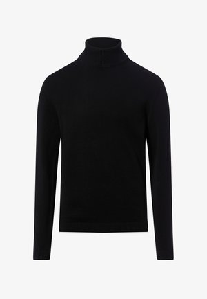 Zwarte coltrui gemaakt van zachte gebreide stof, met lange mouwen en geribbelde kraag en manchetten. Geen zichtbare patronen of accenten.