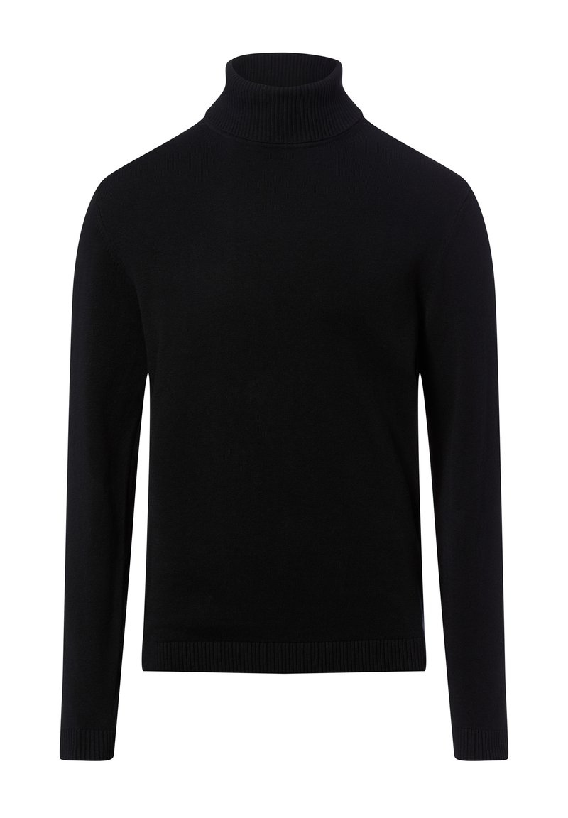 Schwarzer Rollkragenpullover aus weichem Strickstoff, mit langen Ärmeln sowie Rippenstrick an Kragen und Bündchen. Keine sichtbaren Muster oder Akzente.