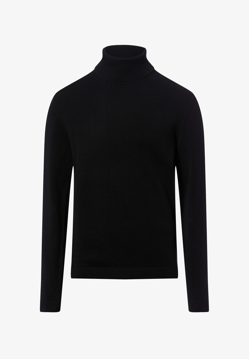 Schwarzer Rollkragenpullover aus weichem Strickstoff, mit langen Ärmeln sowie Rippenstrick an Kragen und Bündchen. Keine sichtbaren Muster oder Akzente.