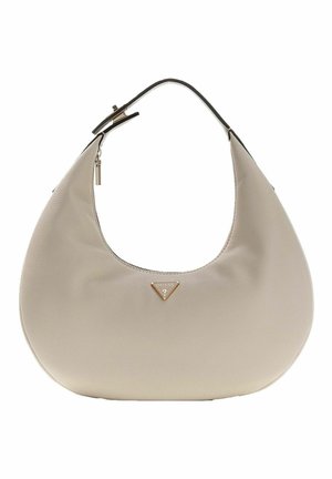 Sac à main en cuir beige à silhouette incurvée, avec un logo triangulaire doré et une sangle noire. Texture lisse avec une fermeture éclair.