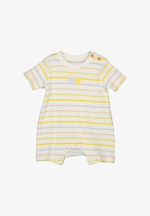 Kurzärmliger Baby-Strampler mit gestreiftem Muster in Gelb, Blau und Creme. Mit Sonnen- und Wolkengrafik; Knopfdetail an der Schulter.