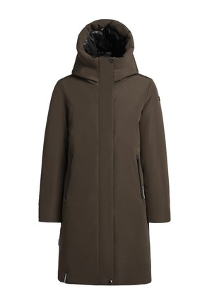 Parka marron imperméable avec une grande capuche, des poches latérales zippées et une texture lisse. L'intérieur est doté d'un doublage noir.