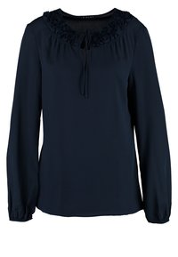 Námořnická modrá blůza vyrobená z hladkého materiálu, s květinovým texturovaným výstřihem, dlouhými rukávy se staženými manžetami a volným střih.