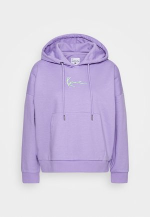 Light purple hooded sweatshirt with front pocket, drawstrings, and small neon green cursive text on chest.
