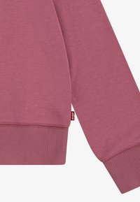 Sweatshirt rosa con polsini e orlo a costine. Tessuto liscio con un piccolo etichetta di marca sul lato. Dettaglio ravvicinato della manica.