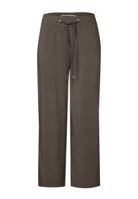 Brown, lightweight, elastic waist pants with a drawstring and straight, relaxed fit. Smooth texture, no visible patterns or accents.