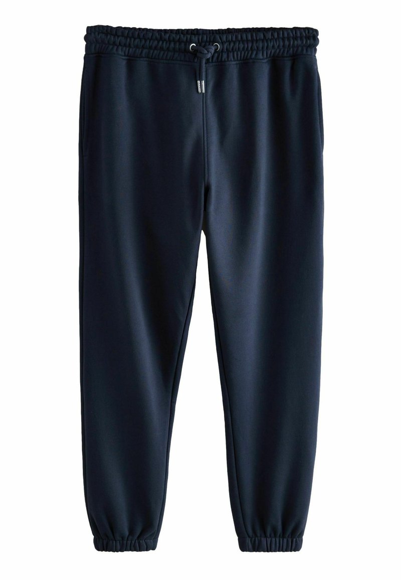 Marineblaue Jogginghose mit elastischem Bund, Kordelzug und Bündchen; aus einem weichen, glatten Stoff gefertigt.