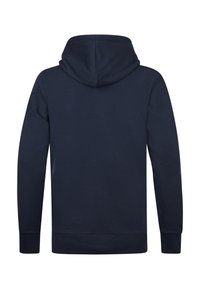 Sudadera con capucha azul marino de manga larga, puños y dobladillo acanalados, vista desde atrás sobre un fondo blanco.