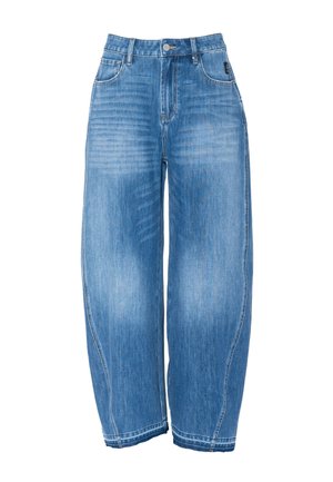 Blauwe spijkerbroeken met hoge taille en wijde pijpen, een verouderde wassing, zijstiksel, voorzakken en een knoopsluiting.