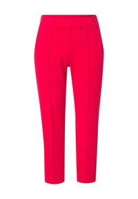 Červené kalhoty na míru s hladkou texturou, s předními sklady, slim fit a zkrácenou délkou, které vytvářejí moderní siluetu.