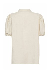 Top corto a maniche corte color beige chiaro con colletto e maniche a sbuffo. Realizzato in un tessuto leggero e texturizzato.