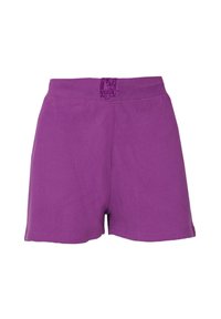 Purple cotton shorts with a wide waistband and a smooth texture. Features a woven logo patch at the waist. Classic tailored cut.