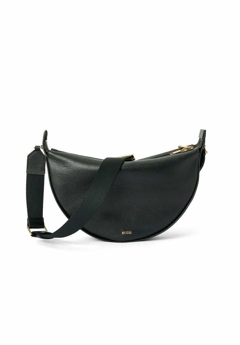 Borsa a tracolla in pelle nera con forma arrotondata, superficie testurizzata, dettagli in metallo dorato e tracolla rimovibile. Logo del marchio visibile.