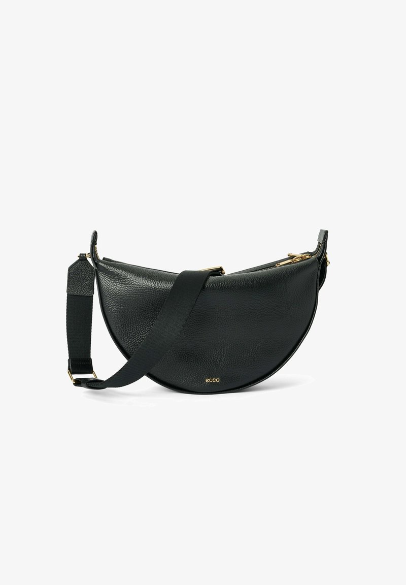 Borsa a tracolla in pelle nera con forma arrotondata, superficie testurizzata, dettagli in metallo dorato e tracolla rimovibile. Logo del marchio visibile.