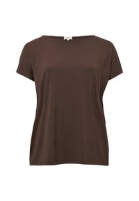 Bruine blouse voor dames met korte mouwen en ronde hals, in een relaxte fit, met een klein merklabel op de halslijn.