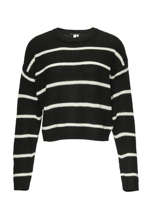 Zwart-wit gestreepte cropped sweater met een ronde halslijn, lange mouwen en een gebreide textuur. Horizontale strepen hebben verschillende breedtes.