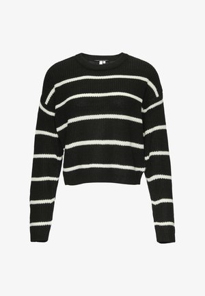 Zwart-wit gestreepte cropped sweater met een ronde halslijn, lange mouwen en een gebreide textuur. Horizontale strepen hebben verschillende breedtes.