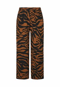Pantaloni a gamba larga con motivo a strisce di tigre marroni e nere, realizzati in un tessuto testurizzato con una vita elasticizzata per garantire comfort.