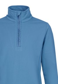 Pullover a maniche lunghe azzurro chiaro con colletto a mezza zip, caratterizzato da cuciture tonali e un logo verticale. Tessuto liscio ed elastico.