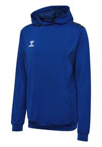 Felpa sportiva blu con tessuto testurizzato, cappuccio con cordino e dettagli laterali. Presenta un logo sul petto e polsini a costine.