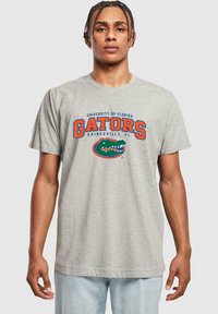 Šedé bavlnené tričko s krátkymi rukávmi, na ktorom je text "Univerzita Floridy" a "GATORS" v tučných oranžových písmenách, s grafickým zobrazením zeleného aligátora.