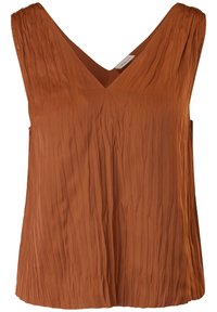 Sleeveless, v-neck top in rust orange, featuring vertical pleats throughout, made of lightweight fabric with a soft texture.