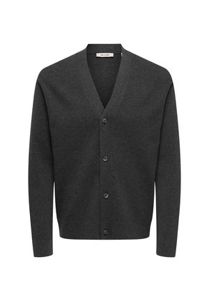 Dunkelgraue Wollstrickjacke mit V-Ausschnitt, langen Ärmeln und sechs Knöpfen vorne. Glatte Textur mit klassischem Schnitt.