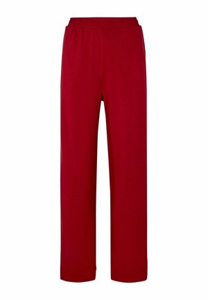 Rote Hose mit geradem Bein und elastischem Bund, vor weißem Hintergrund gezeigt.