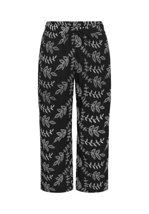 Melnas bikses ar plašām kājām, baltu izšūtu lapu un vīnogulāju rakstu, elastīgu vidukļa joslu un priekšējo auklu.