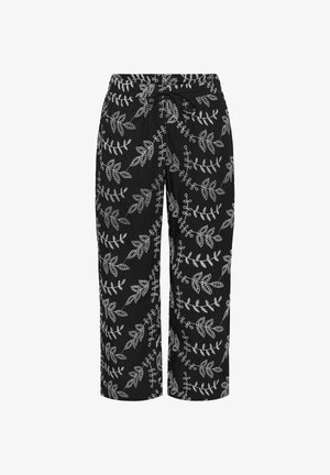 Mustat leveälahkeiset housut, joissa valkoinen kirjailtu lehti- ja viinikuvio, joustava vyötärö ja edessä kiristysnauha.