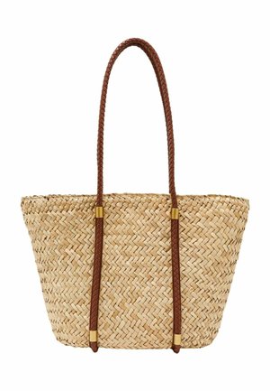 Borsa a tracolla intrecciata in paglia con forma rettangolare ampia, dotata di lunghi manici in pelle marrone intrecciata con accenti in metallo color oro.