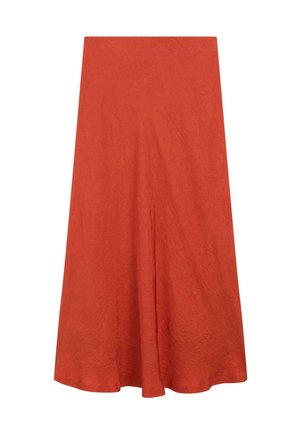 Une jupe longue évasée d'un orange vif. Confectionnée dans un tissu texturé, elle présente une taille haute et une draperie lisse jusqu'à l'ourlet.