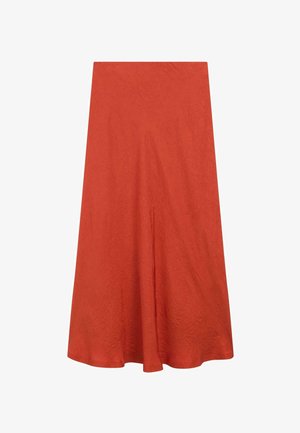 Une jupe longue évasée d'un orange vif. Confectionnée dans un tissu texturé, elle présente une taille haute et une draperie lisse jusqu'à l'ourlet.