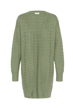 Long, open-front cardigan in soft, textured light green knit with ribbed cuffs and wavy pattern, featuring a relaxed fit and mid-length design.