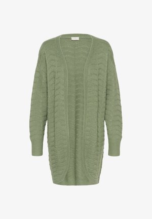 Ilgas, atviru priekiu megztinis iš minkštos, tekstūruotos šviesiai žalios spalvos mezginio su ribinėmis rankogaliais ir bangų raštu, pasižymintis laisvu siluetu ir vidutinio ilgio dizainu.