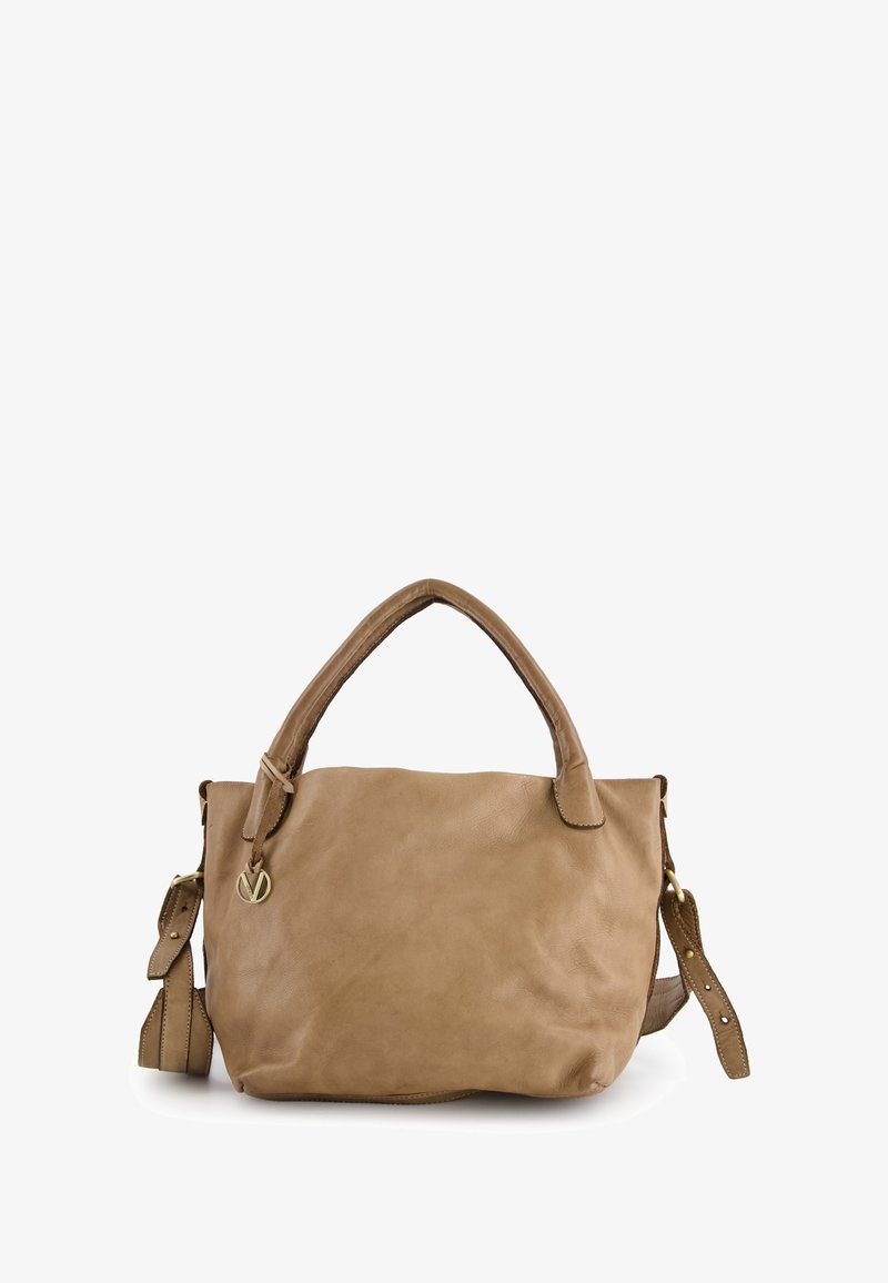 Tan leather handbag with a structured design, dual top handles, and an adjustable strap. Features a gold-tone logo accent.