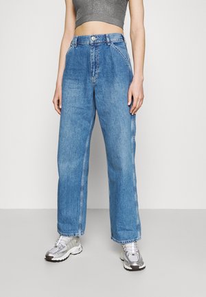 High-waisted, wide-leg blue denim jeans with a faded wash, featuring a button closure, front pockets, and subtle stitching detail.