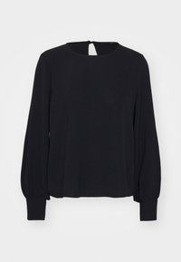 Black long-sleeve top with a round neckline and a back keyhole detail. The sleeves are gathered at the wrist, creating a relaxed fit.